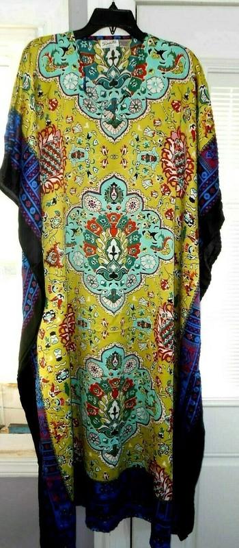 NEW SANTE MUMU FITS 1X- 3X CAFTAN DRESS Lime Green Aqua Red SATIN FEEL