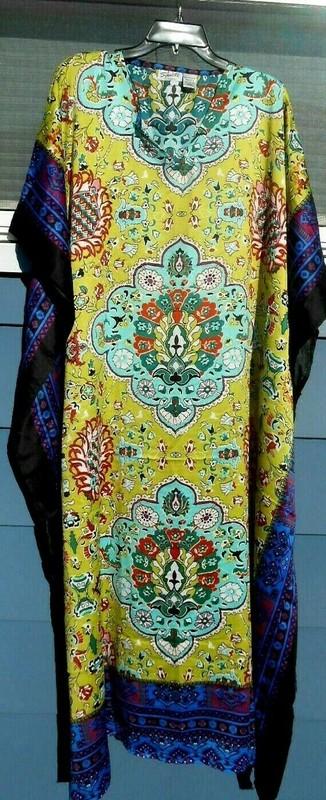 NEW SANTE MUMU FITS 1X- 3X CAFTAN DRESS Lime Green Aqua Red SATIN FEEL