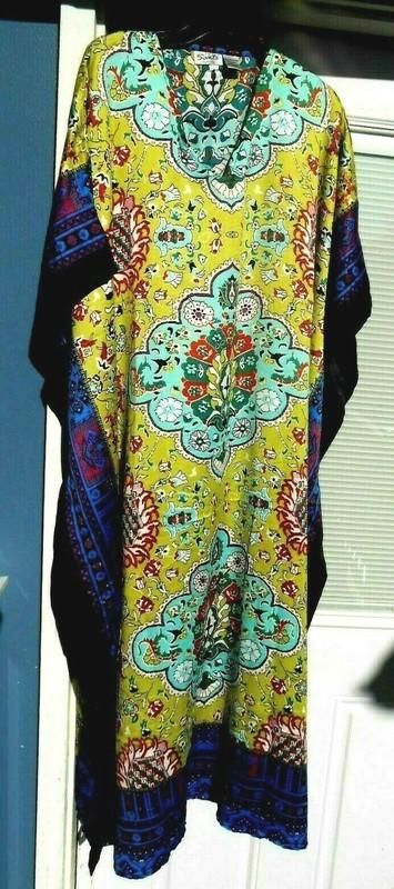NEW SANTE MUMU FITS 1X- 3X CAFTAN DRESS Lime Green Aqua Red SATIN FEEL