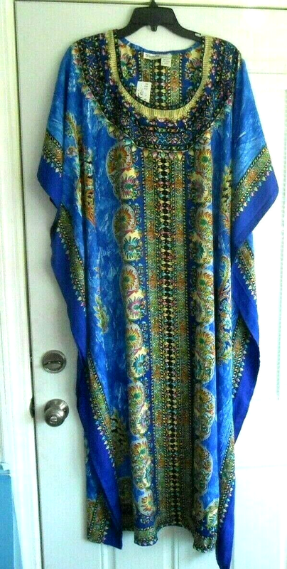 NEW SANTE MUU MUMU 2X 3X KAFTAN HOUSE DRESS ROYAL BLUE YELLOW PINK GREEN
