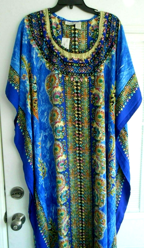 NEW SANTE MUU MUMU 2X 3X KAFTAN HOUSE DRESS ROYAL BLUE YELLOW PINK GREEN
