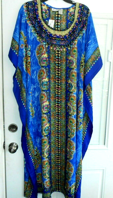 NEW SANTE MUU MUMU 2X 3X KAFTAN HOUSE DRESS ROYAL BLUE YELLOW PINK GREEN