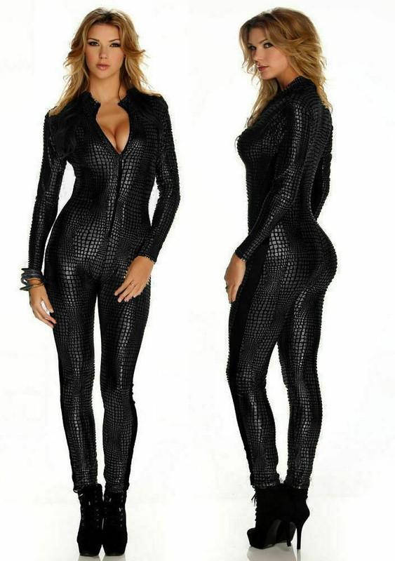 New Snake Skin Faux Leather Look Catsuit Playsuit Jumpsuit GOTHIC CLUBWEAR M-2XL