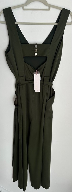 New Tu Premium UK 14 Khaki Green Jumpsuit Open Back Cropped Wide Leg V-Neck
