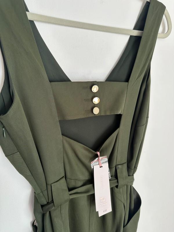 New Tu Premium UK 14 Khaki Green Jumpsuit Open Back Cropped Wide Leg V-Neck
