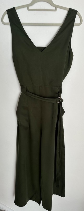 New Tu Premium UK 14 Khaki Green Jumpsuit Open back Cropped Wide Leg V-Neck