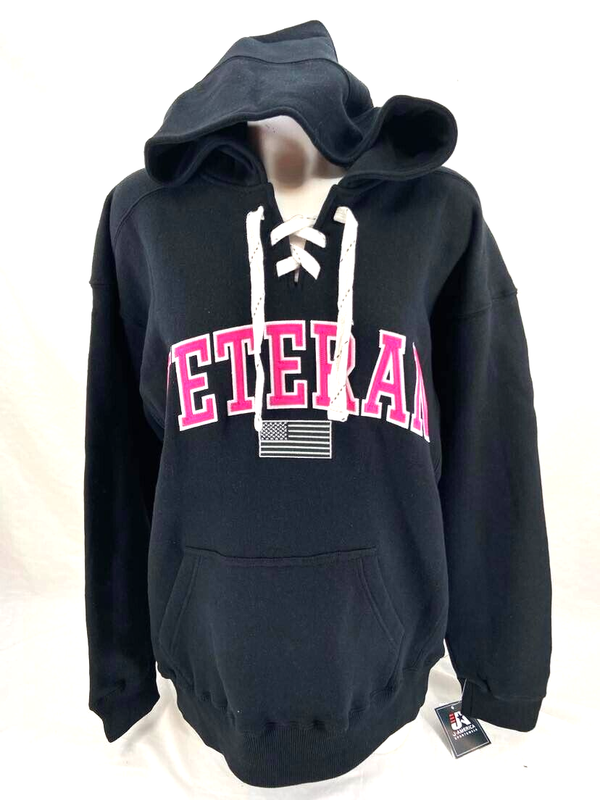 NEW US Military Veteran J. America LS Lace Up Black Hoodie Sweatshirt Women's L