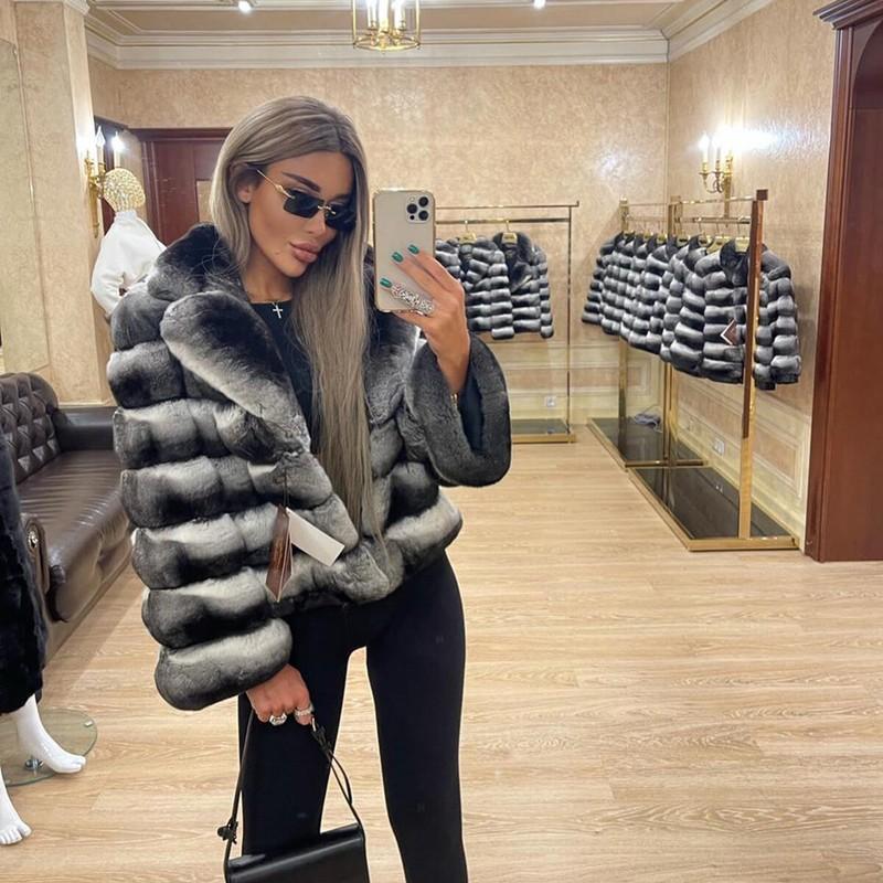 New Women Chinchilla Color Coat Winter Real Rex Rabbit Fur Jacket Warm Outwear