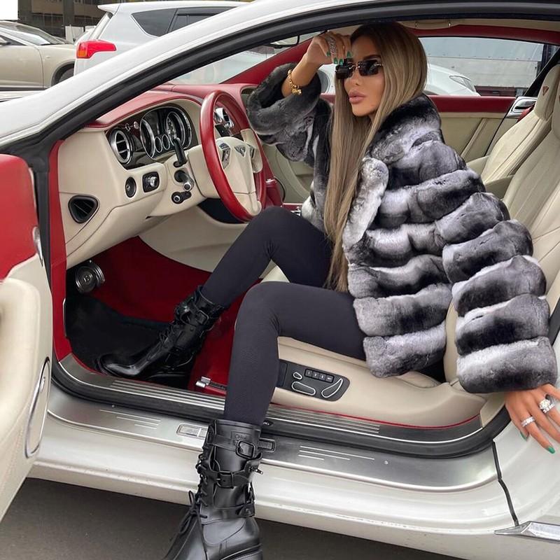 New Women Chinchilla Color Coat Winter Real Rex Rabbit Fur Jacket Warm Outwear