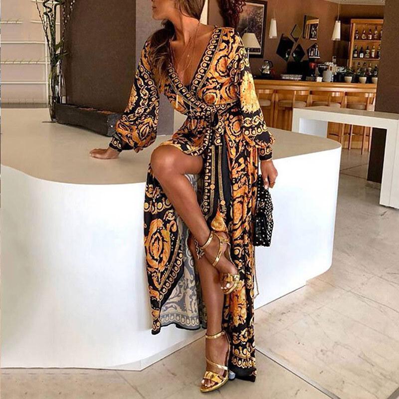 New Women Luxury Floral Print Long Sleeve Bodycon Boho Maxi Dress Streetwear