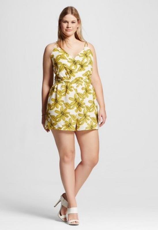 NEW Women's Plus Size Renn Sleeveless Floral Print Romper White Yellow size 1X