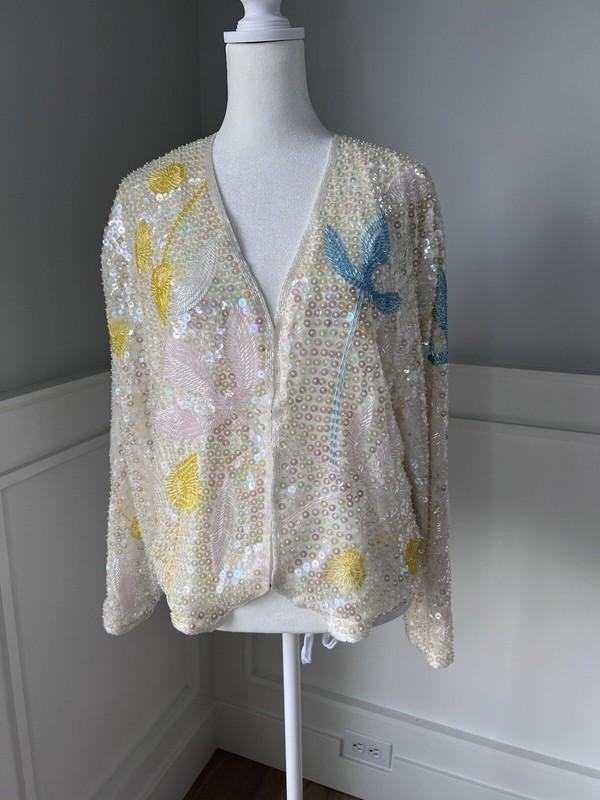 New Women’s Silver Leaf Sequin And Beads Blouse Jacket Size L