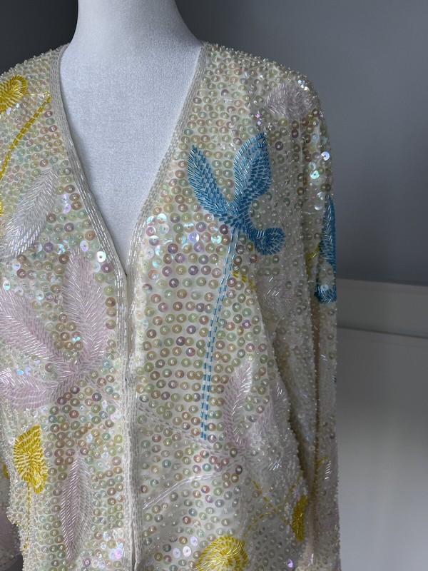 New Women’s Silver Leaf Sequin And Beads Blouse Jacket Size L