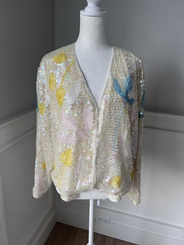 New Women’s Silver leaf Sequin And Beads Blouse Jacket Size L