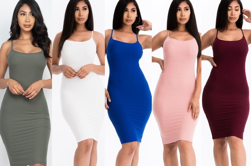 New Women's Solid Midi Ribbed Sleeveless Camisole Bodycon Dress BD2631