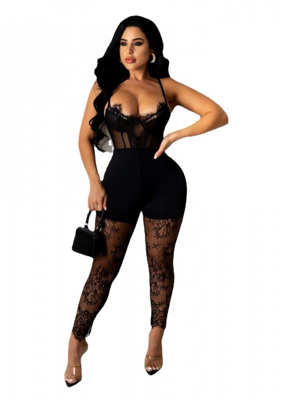 New Women Sexy Spaghetti Strap Mesh Patchwork Skinny Solid Club Jumpsuit