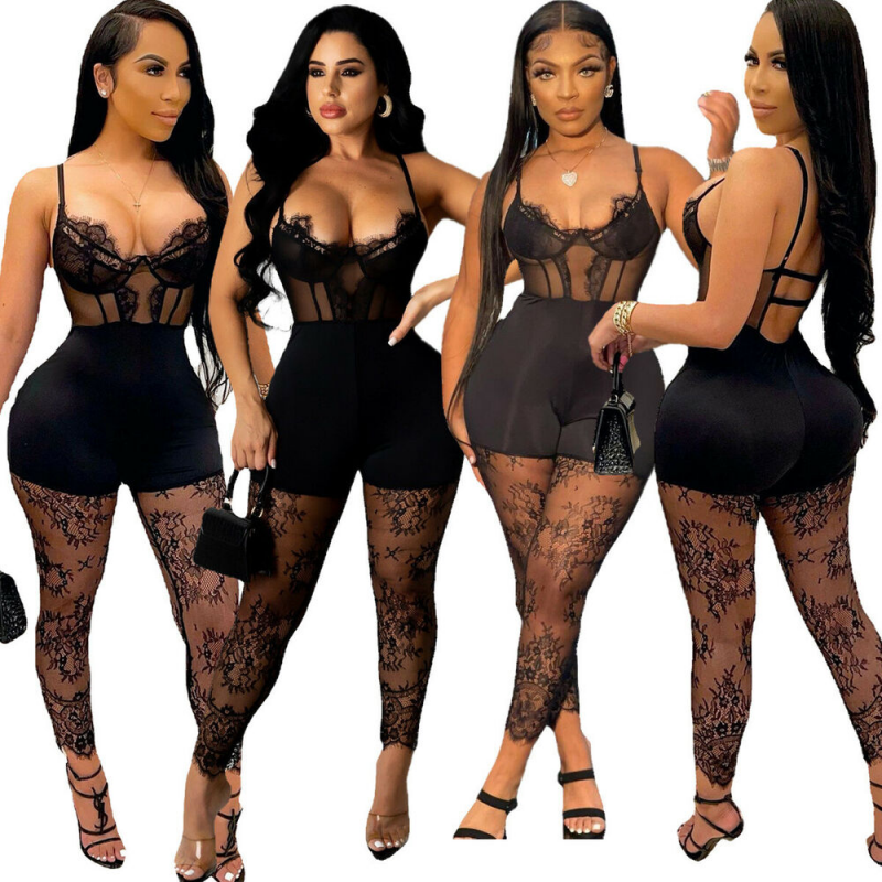 New Women Sexy Spaghetti Strap Mesh Patchwork Skinny Solid Club Jumpsuit