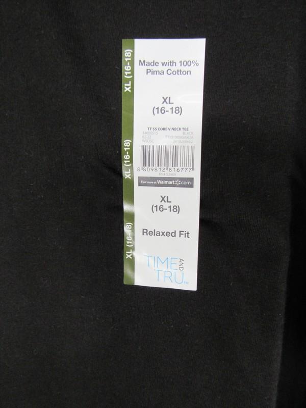 New Women Time And Tru V Neck T Shirt Size XL 16 18 Black Pull Over Short Sleeve