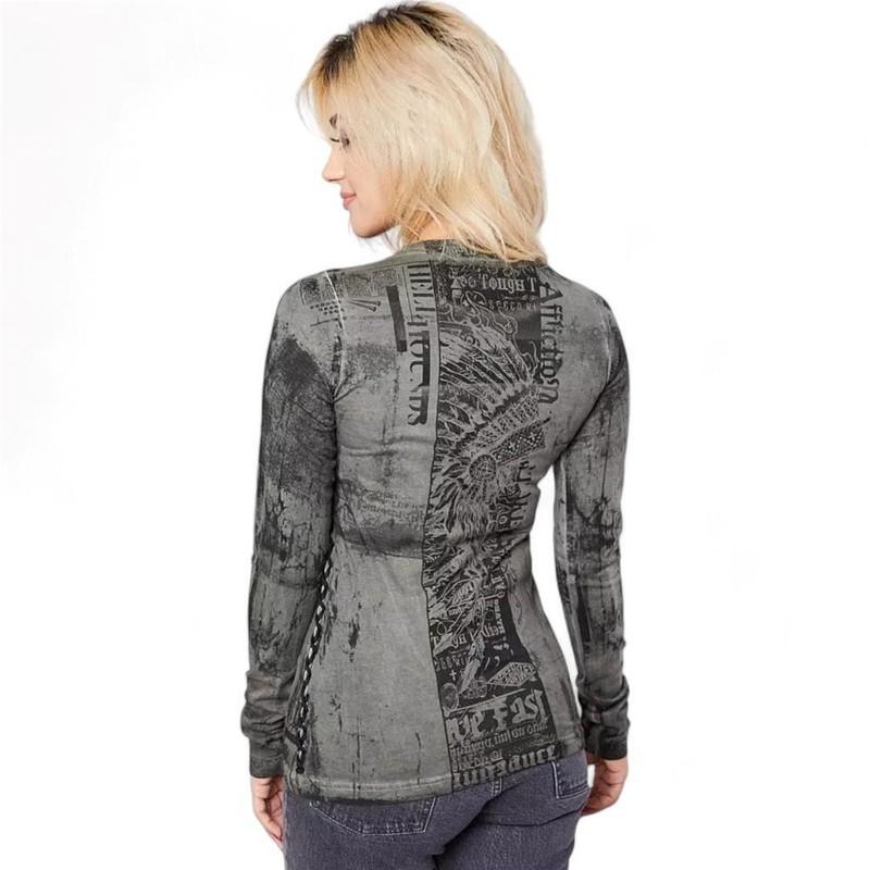 New Womens Affliction Road Crew L/S Rhinestone & Cross Tribal T-Shirt Top XS-XXL