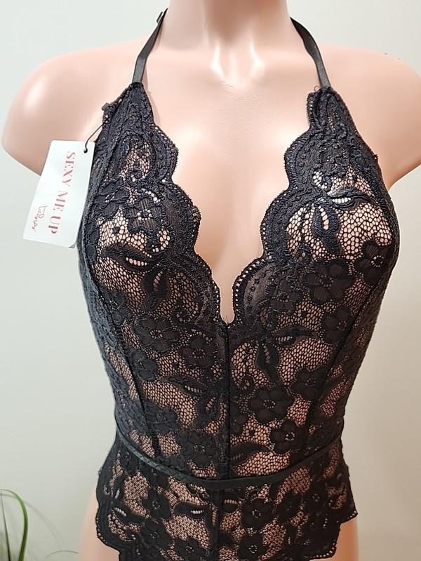 New Womens Sexy Halter Deep V Floral Lace See Through Slim Fit Bodysuit Large