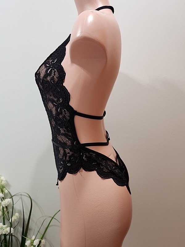 New Womens Sexy Halter Deep V Floral Lace See Through Slim Fit Bodysuit Large