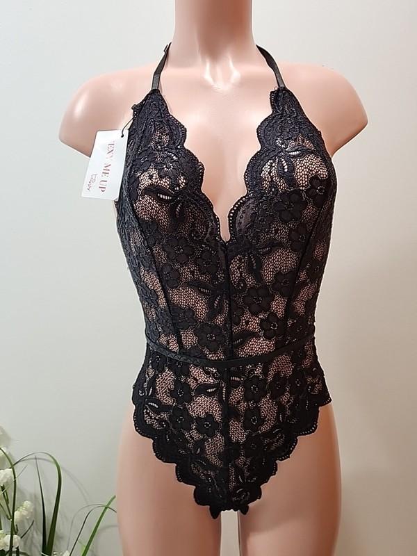 New Womens Sexy Halter Deep V Floral Lace See Through Slim Fit Bodysuit Large
