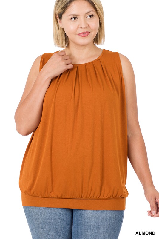 New Womens Soft Span Crepe Round Neck Pleated Sleeveless Blouse S-3X