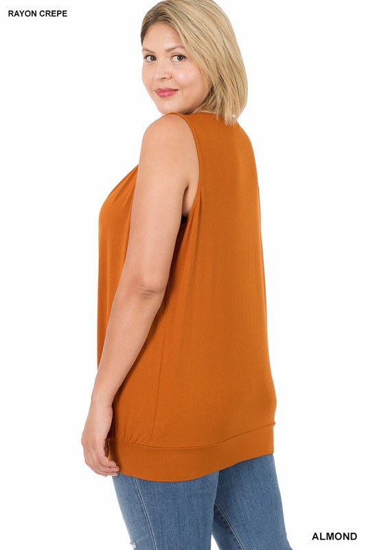 New Womens Soft Span Crepe Round Neck Pleated Sleeveless Blouse S-3X