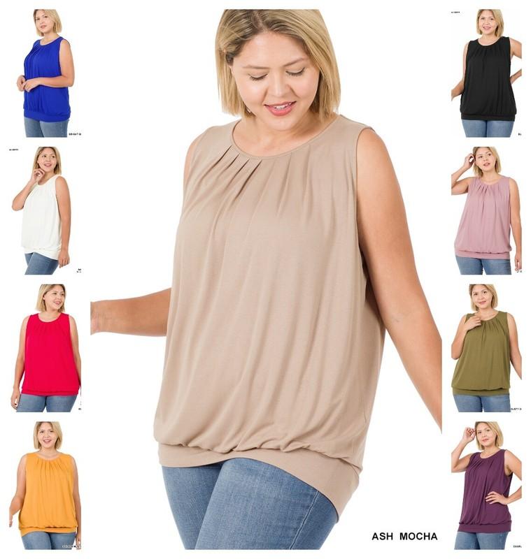 New Womens Soft Span Crepe Round Neck Pleated Sleeveless Blouse S-3X