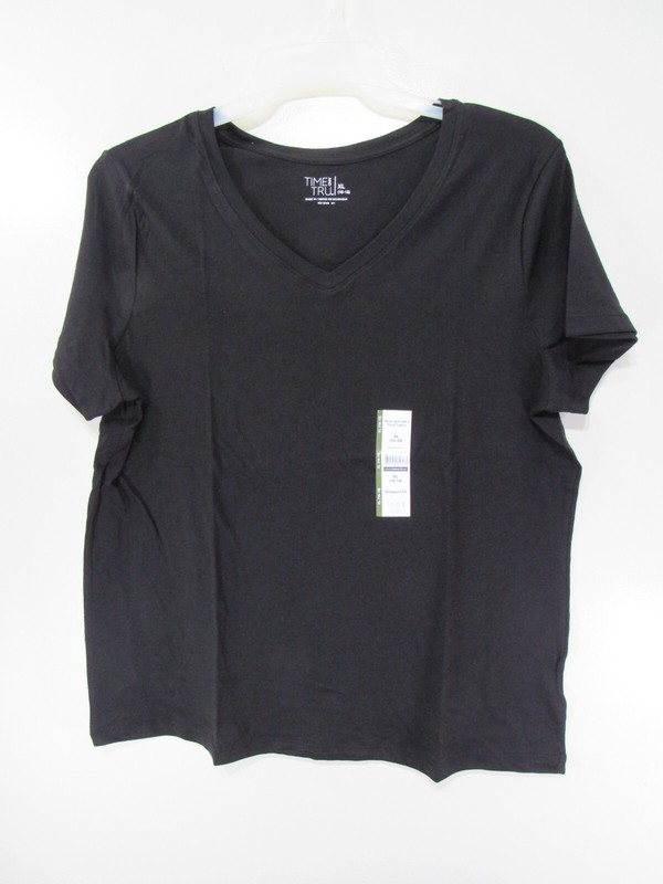 New Womens Time and Tru V Neck T Shirt Size XL Black Pull Over Short Sleeve