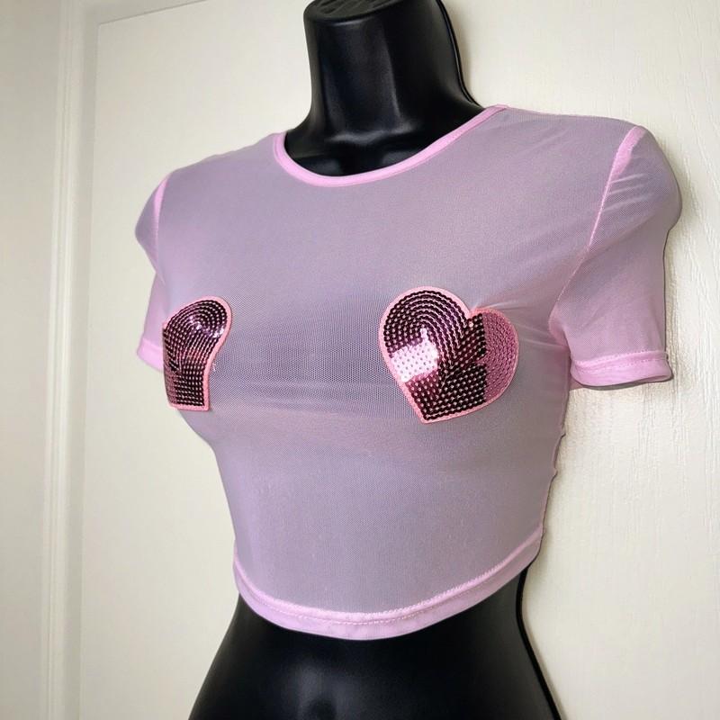 New XS Pink Mesh Sequin Nipple Pastie Heart Pride Crop Top Sheer Sparkle