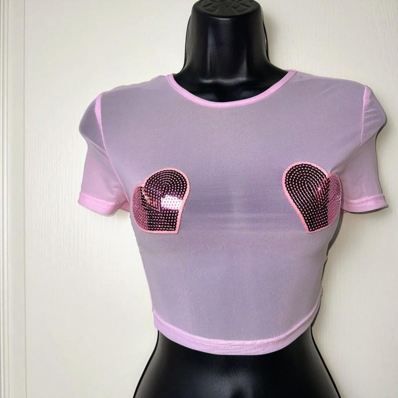 New XS Pink Mesh Sequin Nipple Pastie Heart Pride Crop Top Sheer Sparkle
