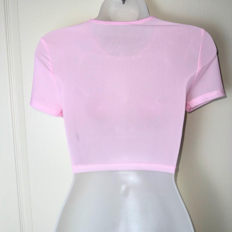 New XS Pink Mesh Sequin Nipple Pastie Heart Pride Crop Top Sheer Sparkle