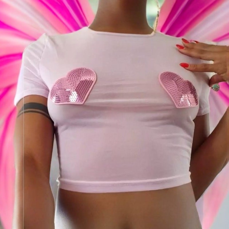 New XS Pink Mesh Sequin Nipple Pastie Heart Pride Crop Top Sheer Sparkle