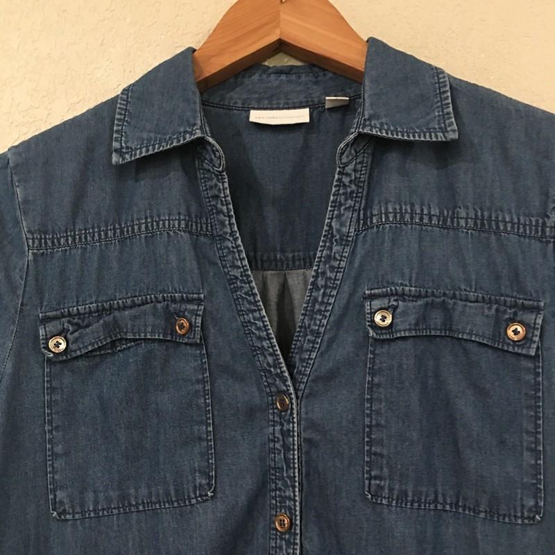 New York & Company Women M Romper Blue Denim Roll Tab Drawstring Pockets Cotton