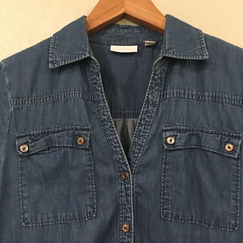 New York & Company Women M Romper Blue Denim Roll Tab Drawstring Pockets Cotton
