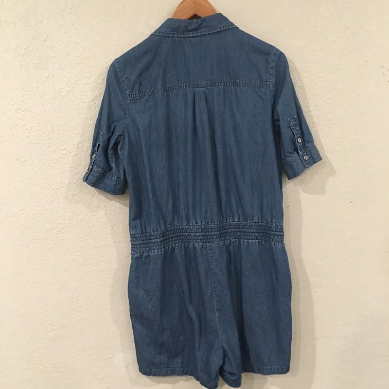 New York & Company Women M Romper Blue Denim Roll Tab Drawstring Pockets Cotton
