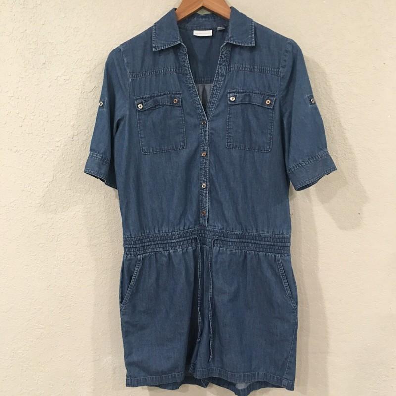 New York & Company Women M Romper Blue Denim Roll Tab Drawstring Pockets Cotton