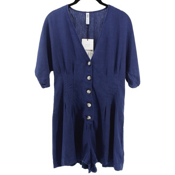 NEW Zara Navy Linen Blend Deep V Short Romper Resort Coastal Vacation M