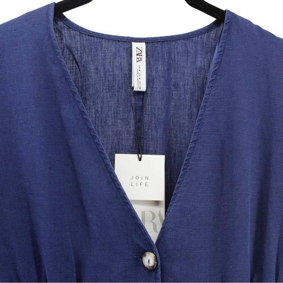 NEW Zara Navy Linen Blend Deep V Short Romper Resort Coastal Vacation M