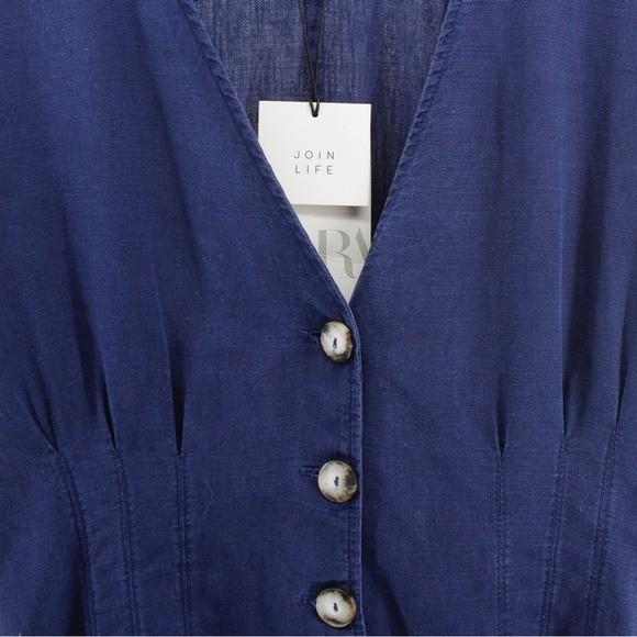 NEW Zara Navy Linen Blend Deep V Short Romper Resort Coastal Vacation M