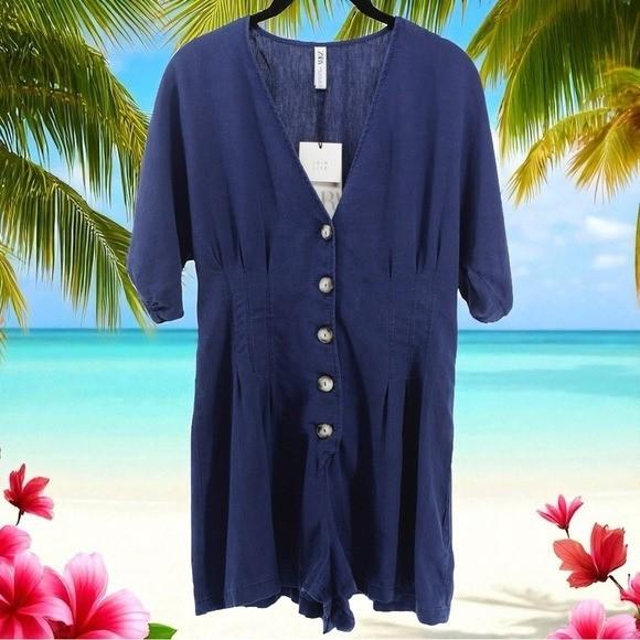 NEW Zara Navy Linen Blend Deep V Short Romper Resort Coastal Vacation M