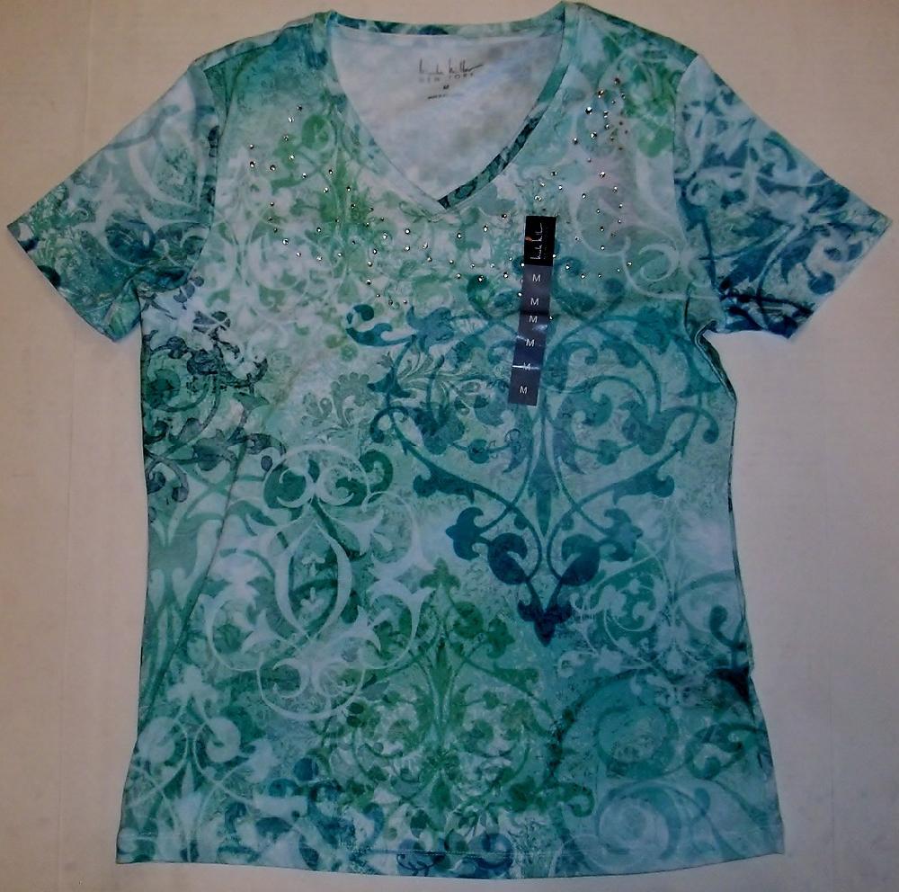 Nicole Miller Floral Print Short Sleeve Rhinestone Accents Soft Tee