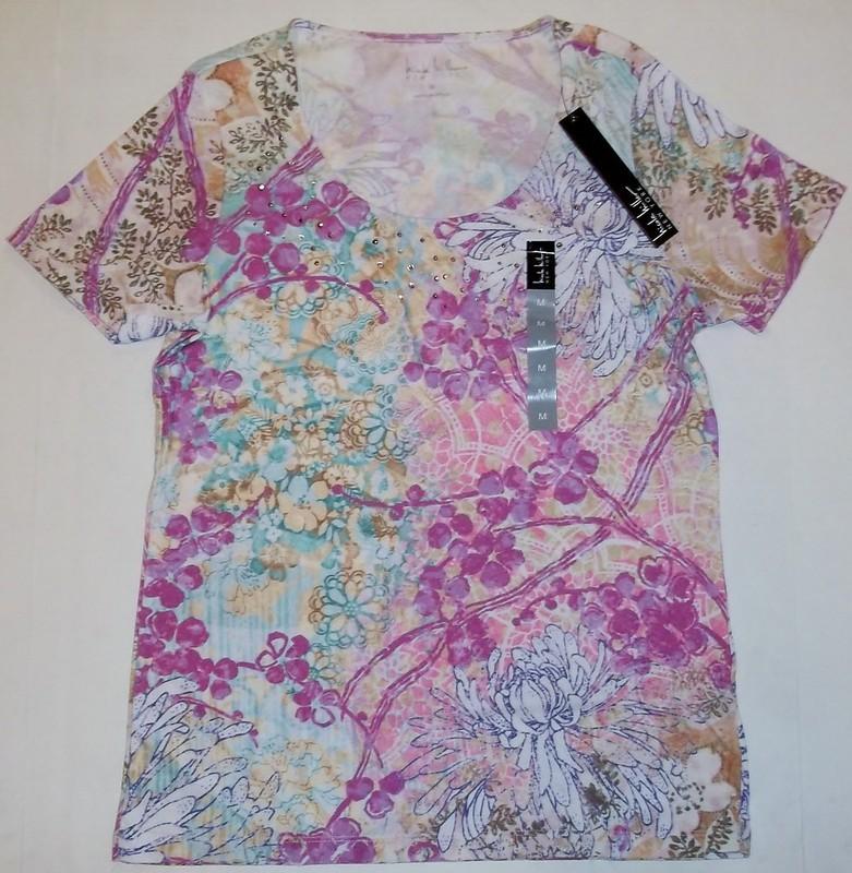 Nicole Miller Floral Print Short Sleeve Rhinestone Accents Soft Tee