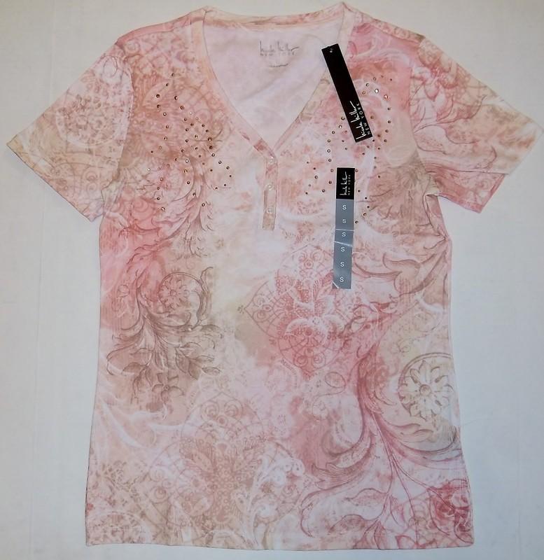 Nicole Miller Floral Print Short Sleeve Rhinestone Accents Soft Tee