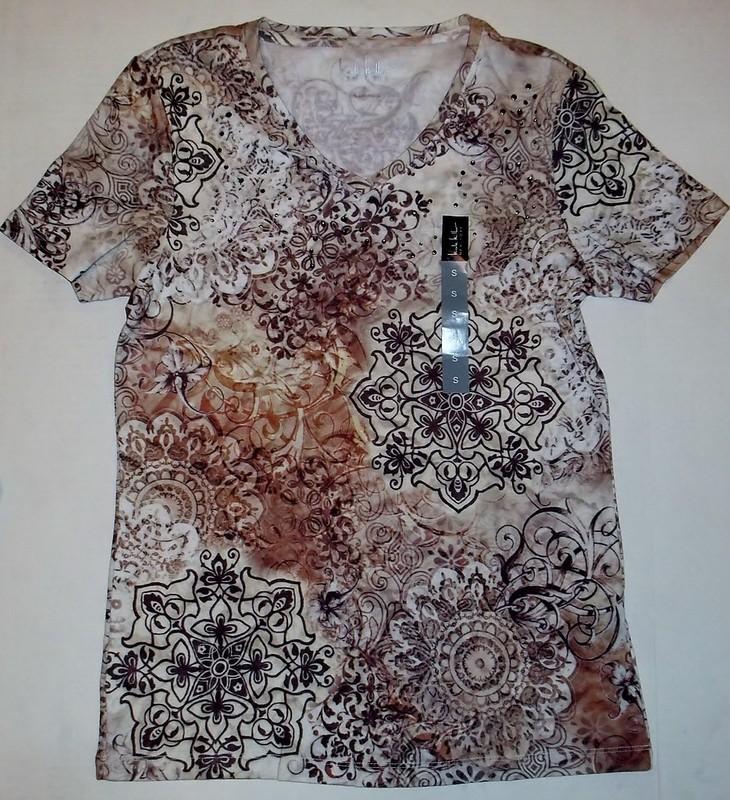 Nicole Miller Floral Print Short Sleeve Rhinestone Accents Soft Tee