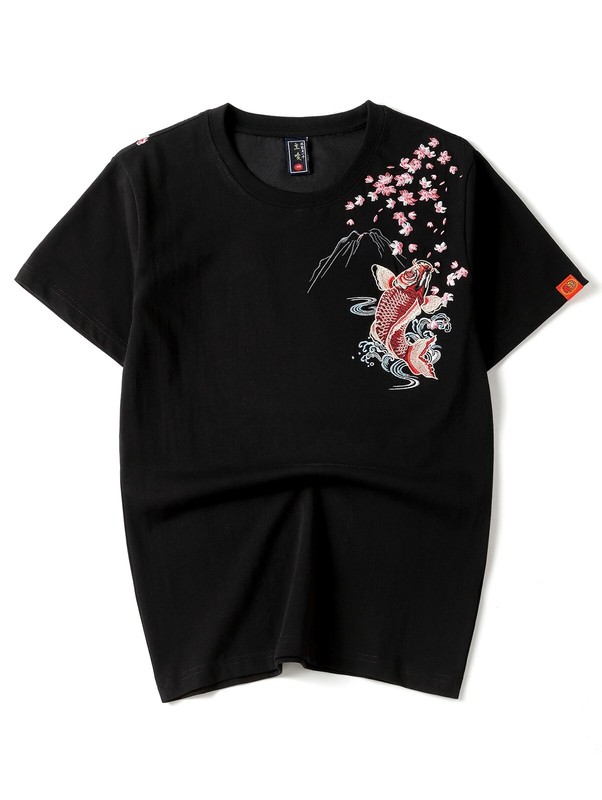 Niepce Men's Dancing Fish Embroidery Tee Japanese Streetwear T-Shirt