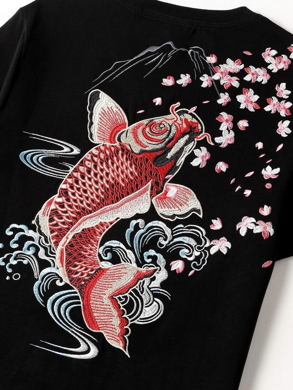 Niepce Men's Dancing Fish Embroidery Tee Japanese Streetwear T-Shirt