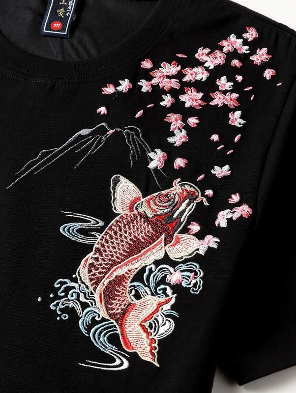 Niepce Men's Dancing Fish Embroidery Tee Japanese Streetwear T-Shirt