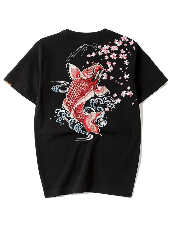 Niepce Men's Dancing Fish Embroidery Tee Japanese Streetwear T-Shirt